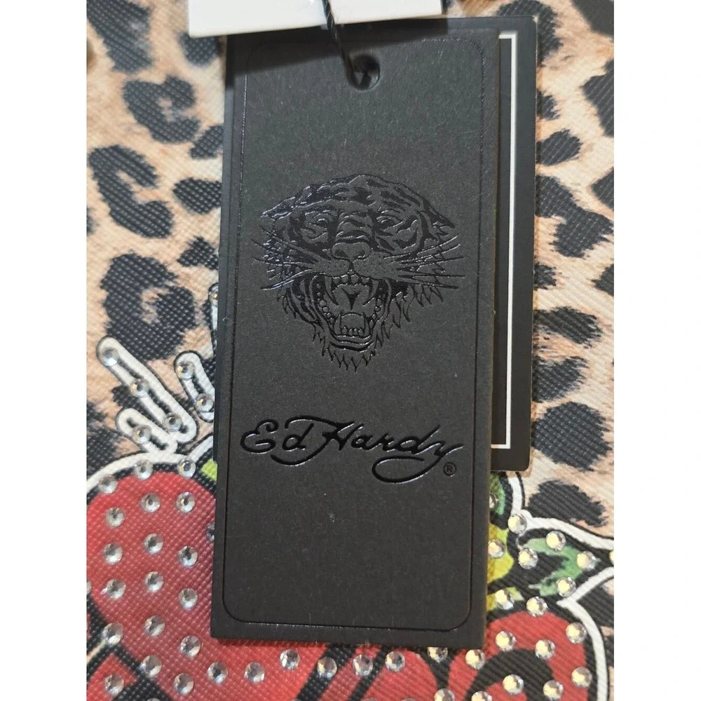 Ed Hardy Cheetah Leopard Print Love Hearts Rhinestone Wristlet NWT
